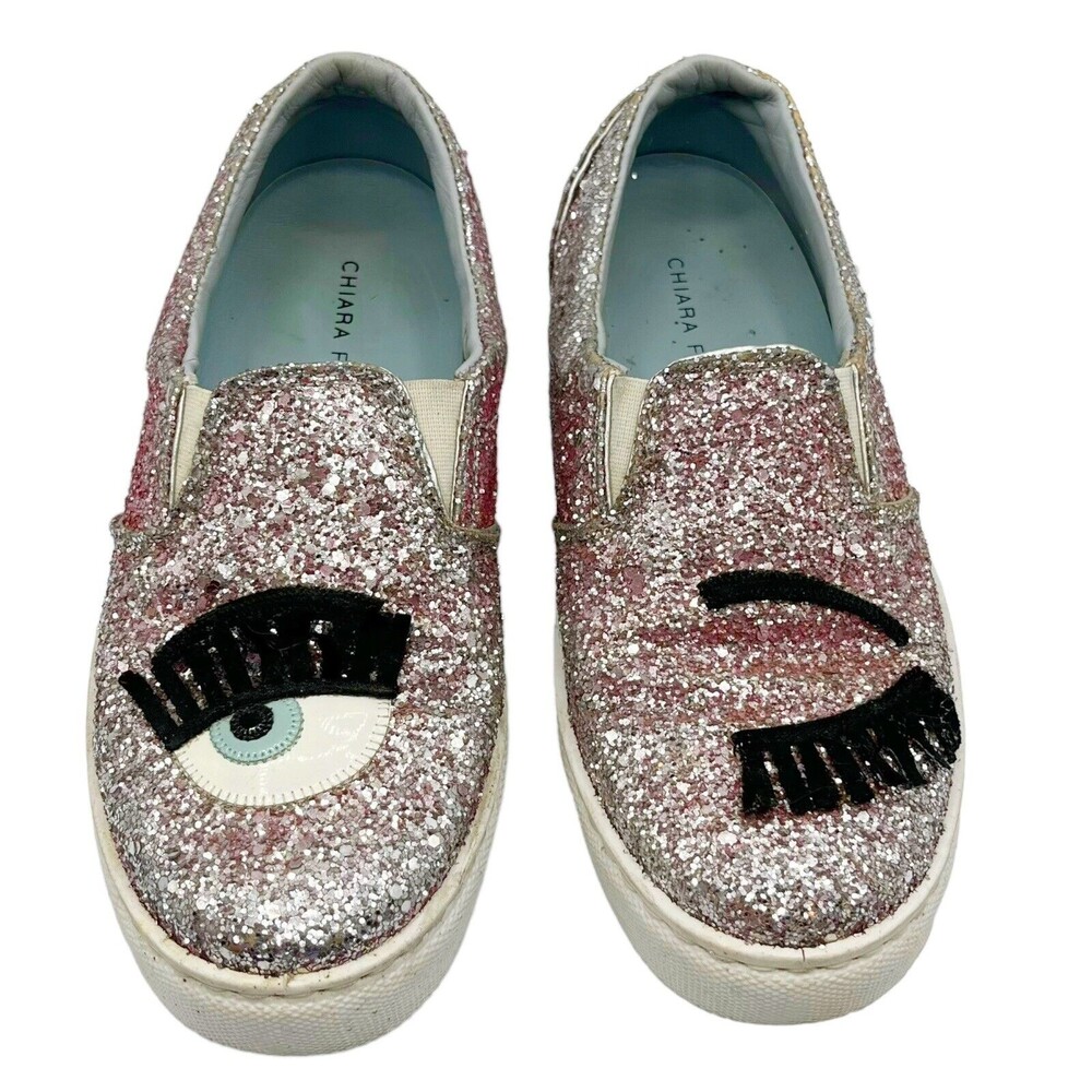 Chiara Ferragni Blink Eye Glitter Sneakers Silver Women's Size 6 Slip-On Sparkle